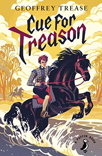"Book cover illustration of a man riding a horse through water, with title 'Cue for Treason'."
