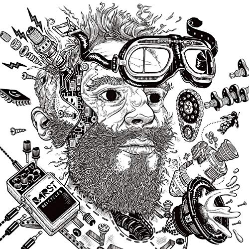 "Black and white illustration of a man's face surrounded by electronic components and machinery parts."