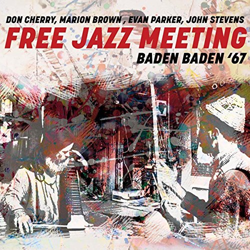 "Album cover with abstract, multi-colored overlay, featuring musicians and bold red title."