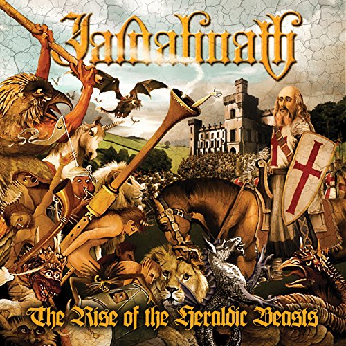 Album cover art: medieval knight surrounded by heraldic beasts, blowing horns, and chaotic battle scene.