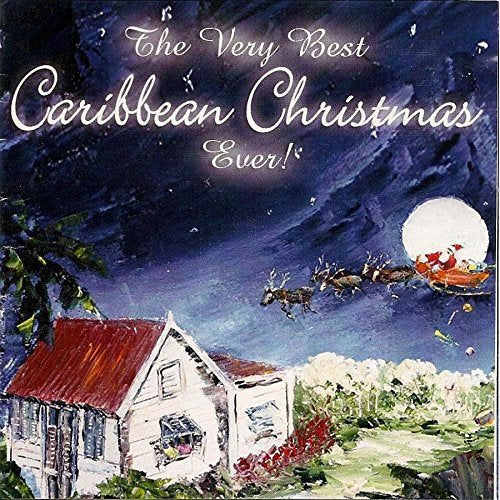 "Christmas CD cover featuring Santa's sleigh flying over a Caribbean house at night."