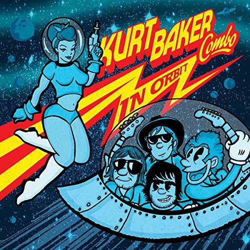 "Vinyl album cover featuring cartoon band members in a spaceship with a spacewoman."