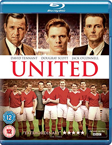 "Blu-ray case cover for 'United' featuring soccer players and three main actors' portraits."