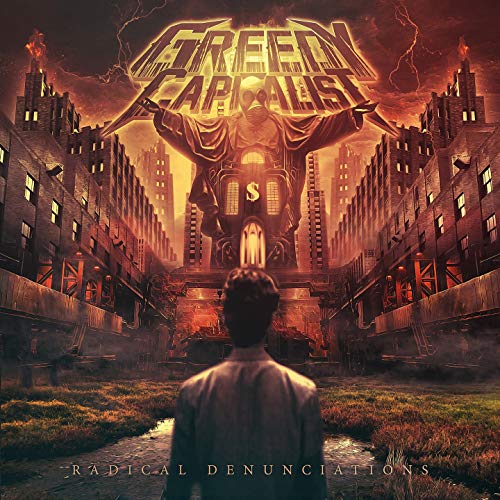 "Album cover art: man facing a giant, dark, industrial figure amidst a fiery cityscape."