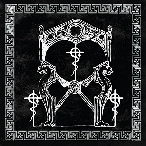 "Album cover with a white throne design on a black background, surrounded by Celtic border."