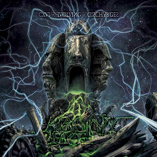 "Album cover art: a stone statue surrounded by lightning and green, glowing debris."