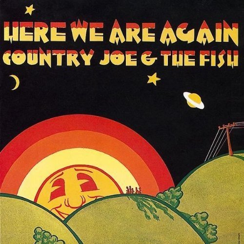 "Album cover art with psychedelic sun, hills, and celestial elements on a black background."