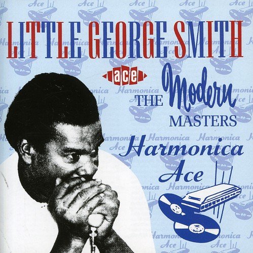 "CD cover featuring black-and-white photo of man playing harmonica, blue background, red and blue text."