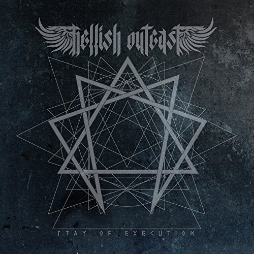 Dark album cover with grey heptagram and "Hellish Outcast" text, on a textured background.