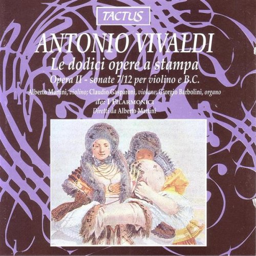 "CD cover with brown background, purple design, and illustration of two Baroque musicians."