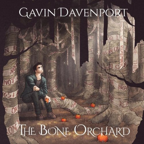 Album cover art: man sitting among trees with bandaged trunks and scattered apples.