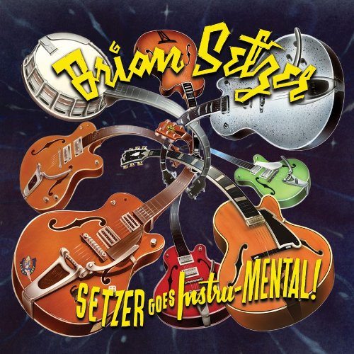 "Album cover with multiple guitars and yellow text on a dark blue background."