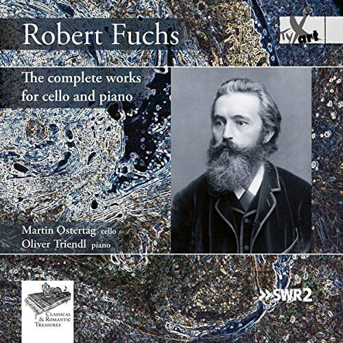 CD cover with a black and white portrait of Robert Fuchs on a marbled background.