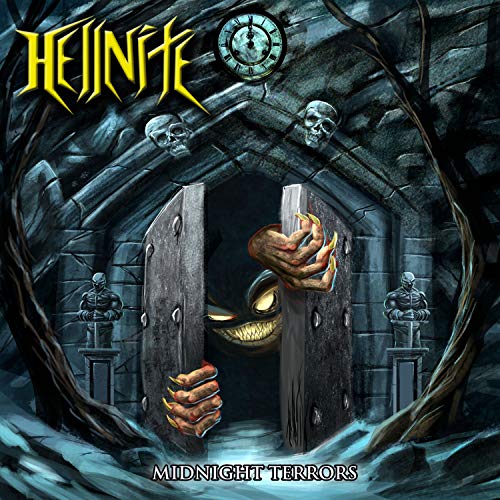 A monster emerges from a stone doorway, surrounded by skeletons, on a dark album cover.