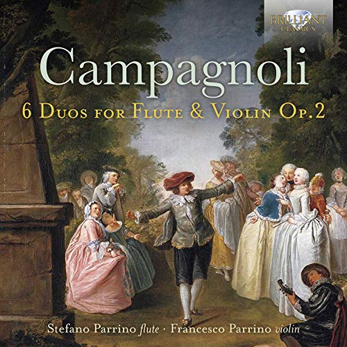 "Album cover featuring a 18th-century outdoor scene with dancing figures and a musician."