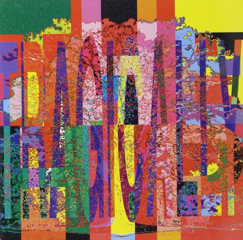 The image shows a vibrant, abstract album cover with distorted text. For accessibility purposes, a concise alt text could be: "Colourful abstract album cover with distorted text."
