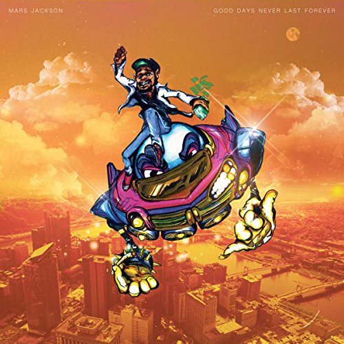 The image shows a man riding a futuristic, glowing, robotic fish over a cityscape. For the given product image, a suitable alt text could be: "Album cover with man riding robotic fish over city."