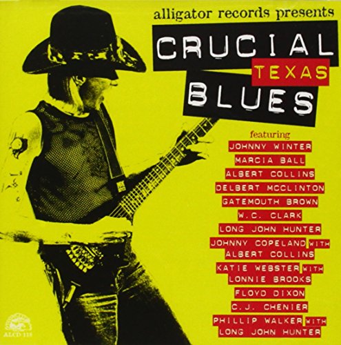 "Album cover with a man playing guitar, titled 'Crucial Texas Blues' on a yellow background."