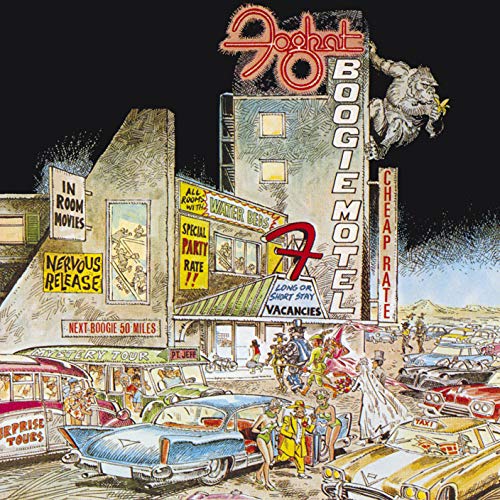 "Album cover art: cartoon illustration of a busy motel with neon signs and cars."