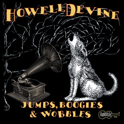 "Album cover with a wolf singing into a gramophone, black background, yellow text."