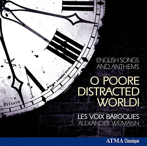 "CD cover with clock face and text 'O Poore Distracted World!' on a dark background."