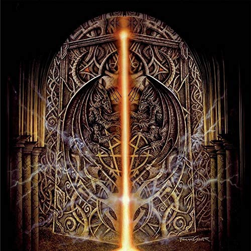 An ornate, gothic metal gate with a pentagram and a bright orange light beam.
