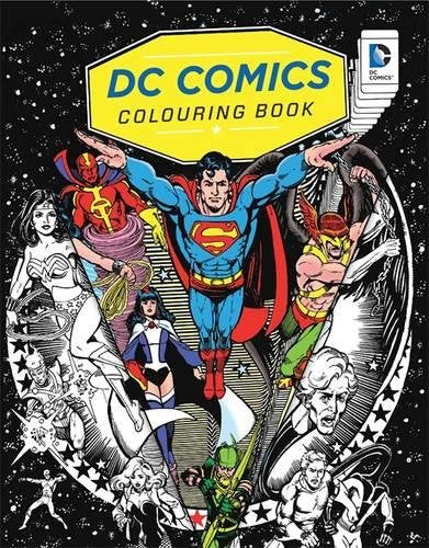 "Colouring book cover featuring Superman and other DC characters against a black, starry background."