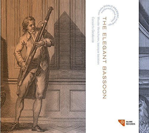 "CD cover with illustration of man holding bassoon and title 'The Elegant Bassoon'."