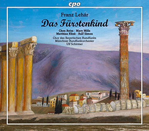 "CD cover with ancient columns and village, titled 'Das Furstenkind' by Franz Lehar."