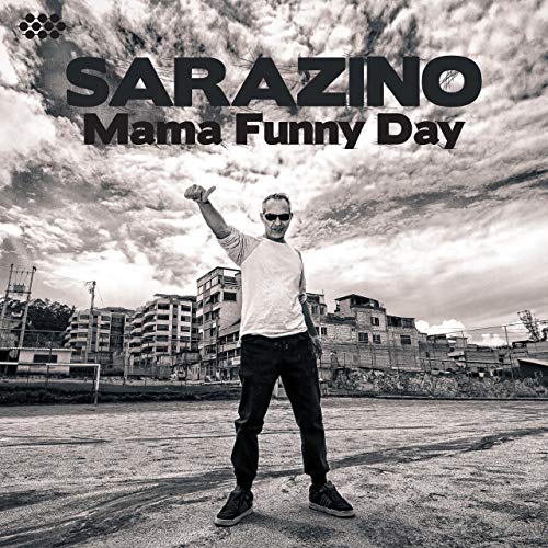 "Black and white album cover with man giving thumbs up in urban setting."