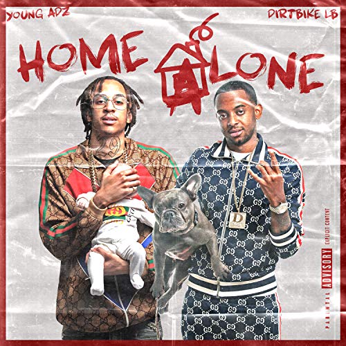 "Album cover with two men, a baby, and a dog, with red title text."