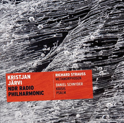 CD cover with red rectangle and white and black text on abstract black and white background.