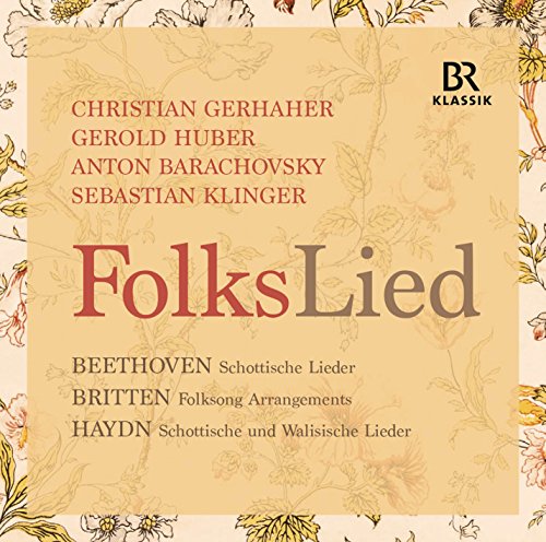 "CD cover with beige floral design, featuring 'FolksLied' title and artist names in red and brown."