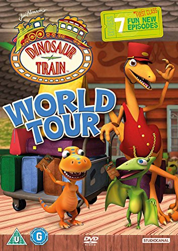 "Dinosaur Train World Tour DVD cover featuring cartoon dinosaurs and a train on a platform."