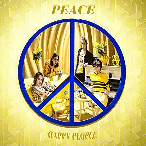 "CD cover with a peace sign containing four musicians against a yellow geometric background."