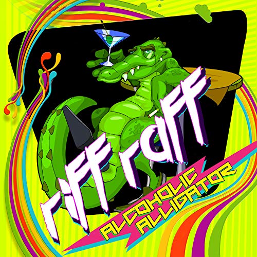 "Album cover art featuring a cartoon alligator holding a martini glass, green and black background."