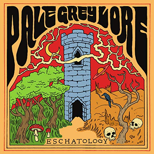 "Pale Grey Lore - Eschatology" album cover: colorful illustration of a stone tower and skulls.
