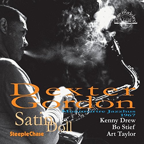 "CD cover with Dexter Gordon playing saxophone, surrounded by smoke, in black and white."