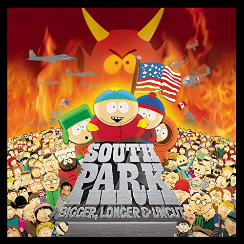 "Album cover for South Park: Bigger, Longer & Uncut, featuring cartoon characters and flames."
