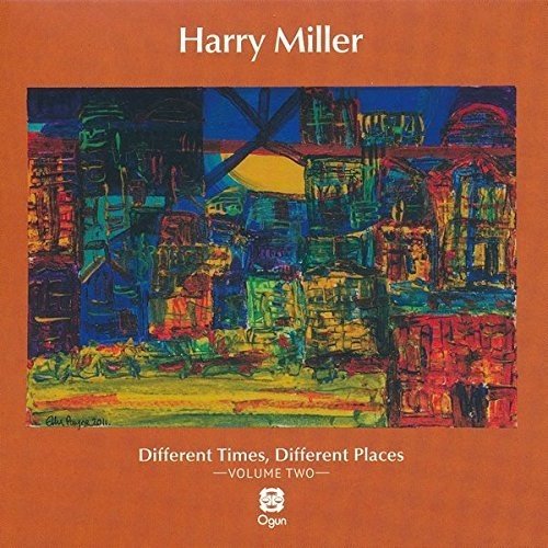 "Album cover with abstract cityscape painting on burnt orange background, titled 'Different Times, Different Places'."