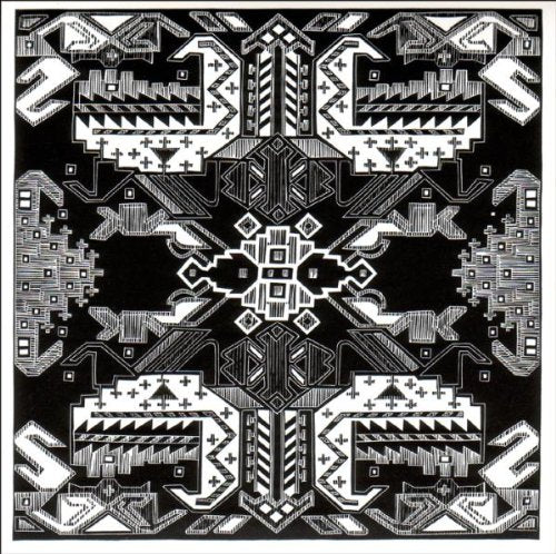 A black and white abstract geometric pattern on a square album cover.