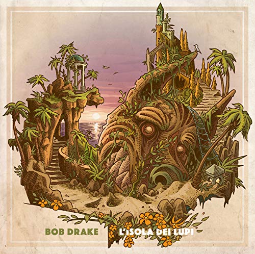 "Album cover art featuring a fantastical island scene with a large, grotesque creature."