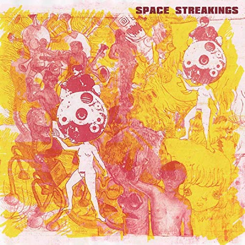 Album cover art with abstract figures and planets in yellow, red, and white hues.