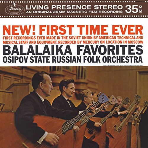 "Vinyl record cover with men playing balalaikas, titled 'Balalaika Favorites'."