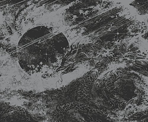 A grayscale album cover featuring a dragon-like creature and a planet.