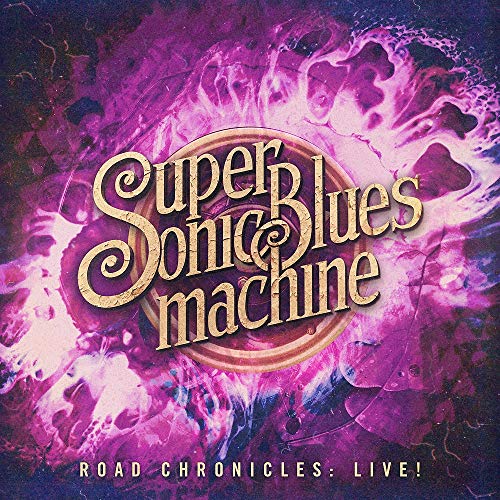 "Album cover with 'Super Sonic Blues Machine' in gold text on a purple background."