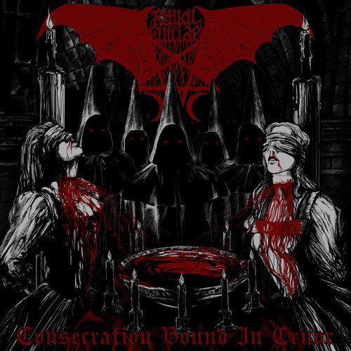 "Album cover art featuring hooded figures and blood-stained individuals around a ritualistic bowl."