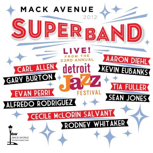 "Album cover with 'SUPERBAND' in red, surrounded by artist names and blue starbursts on white."