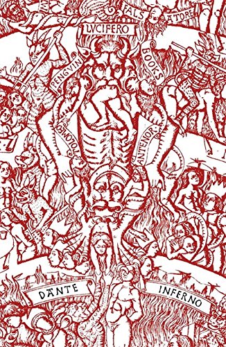 Red illustration of Dante's Inferno cover with chaotic hellish scenes and figures, on white background.