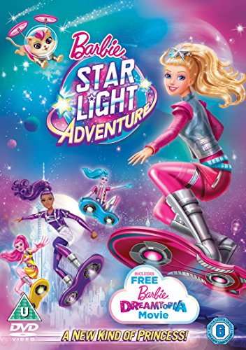 "Blonde Barbie in a pink and silver spacesuit floats above a pink spaceship."
